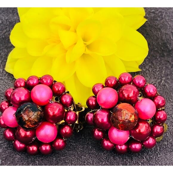 2 PAIRS Vintage MCM Japan Clip ON Bead Earrings Pink Purple - Picture 4 of 10